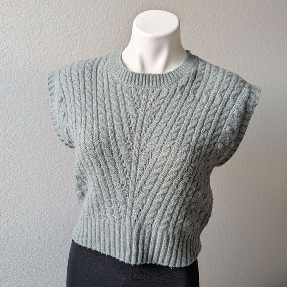Cable Knit Sweater Vest Green Gray - Picture 2 of 6